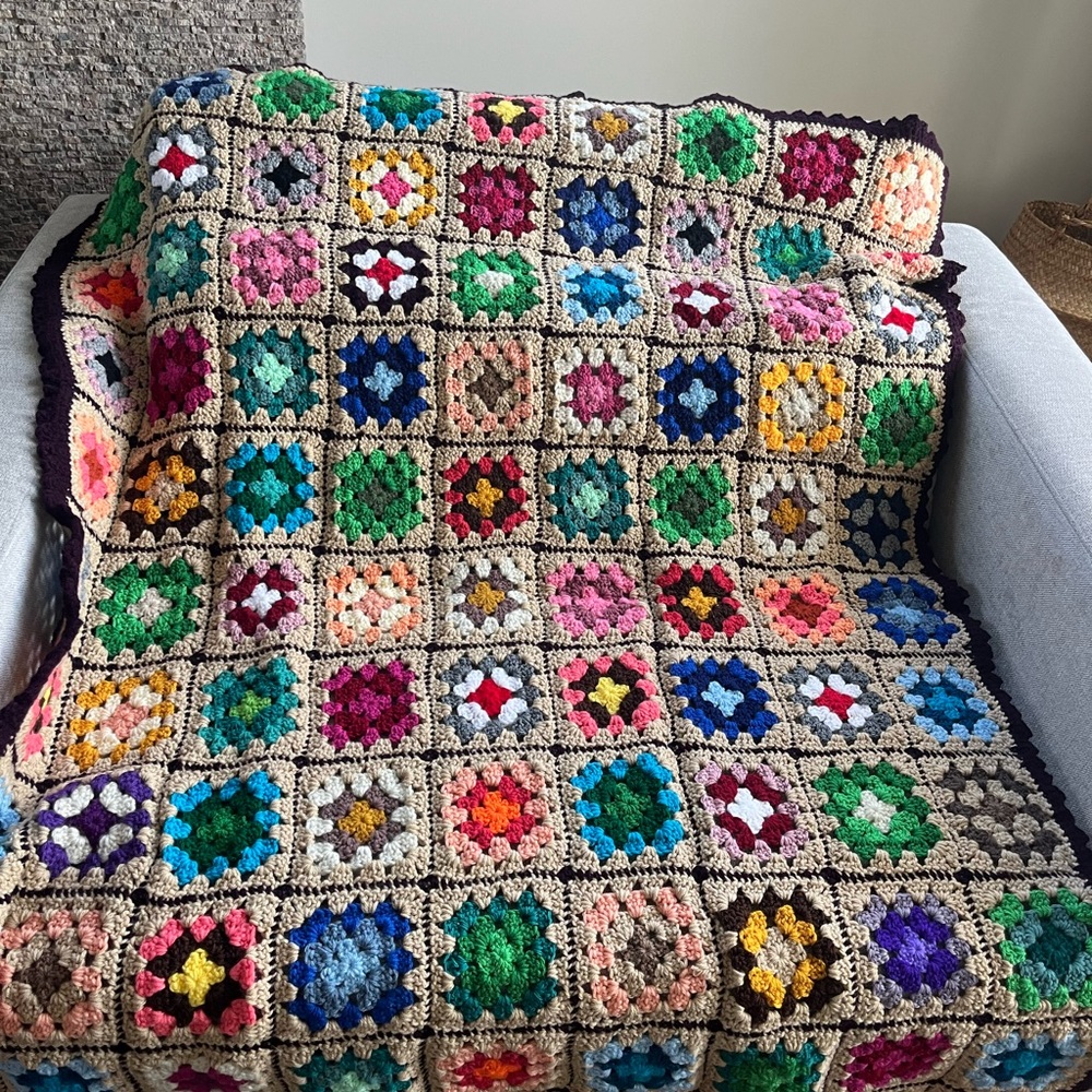 Hand knit  Crochet Granny Square Blanket 45x59 great for festival picnic boho